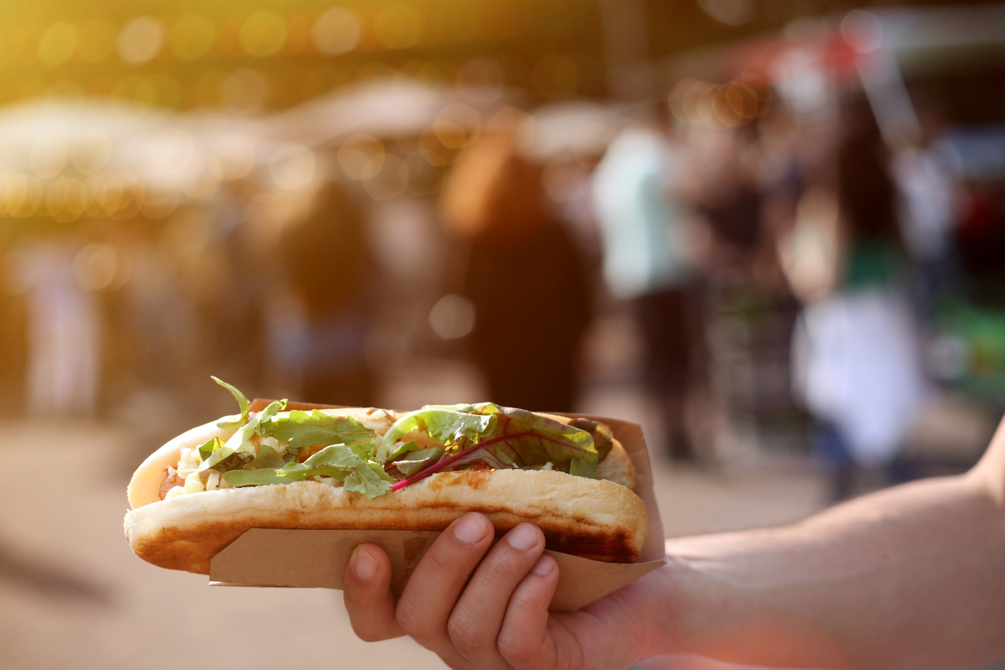 Close up of a hot dog in hand against blurred summer street food festival.
