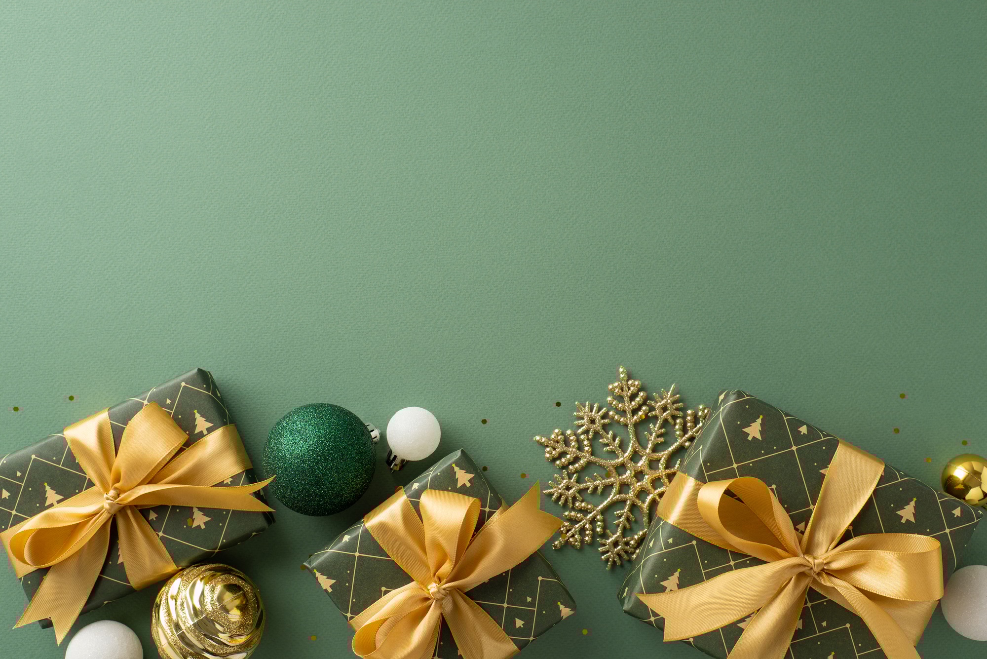 Elegant ambiance for New Year's Eve. Overhead shot of ribbon-tied gifts, opulent ornaments